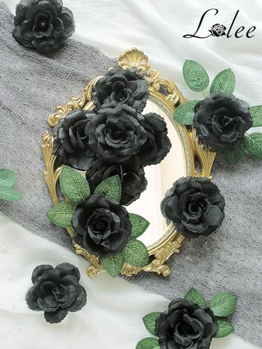 LELEE Rose Head Flowers with Stem - 108pcs Black Roses Artificial Flowers Bulk - Silk Rose Fake Flower for Bridal Gothic Wedding Bouquet Party Home Decor DIY Centerpieces Hotel Decorations - color: Black
