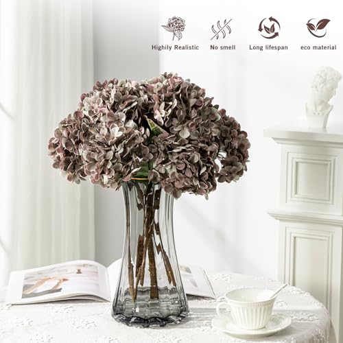 Artificial Flower Fake Silk Hydrangea Heads Bouquet with Stems Bulk for Fall Decoration Table Center Christmas Indoor Outdoor Faux Floral Realistic with Leaves Plants Crafts 8PCS(Brown) - color: Brown