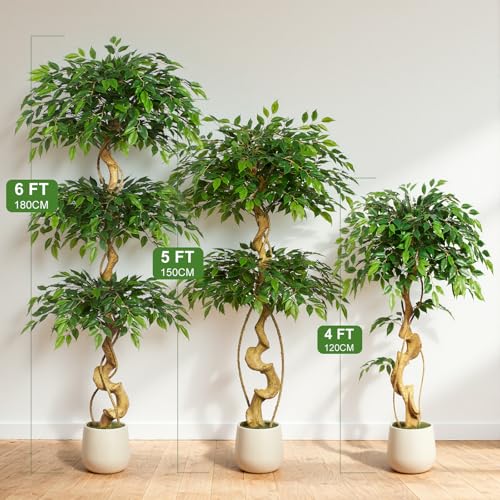 4ft Large Ficus Artificial Trees in White Pot, 48" Tall Fake Silk Tree with Natural Curved Trunk, Lush Faux Ficus Tree for Indoor Home Decor, Living Room, Office & Patio - size: 4ft