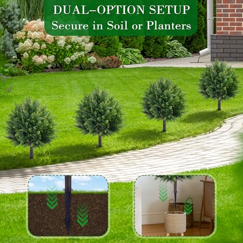 24.8'' Artificial Cedar Topiary Ball Trees, Set of 2 Fake Cypress Bushes Shrubs with Spikes UV Resistant Evergreen Faux Cypress Tree Plants for Planters Front Porch Outside Spring Garden Decor - color: 24" Cypress