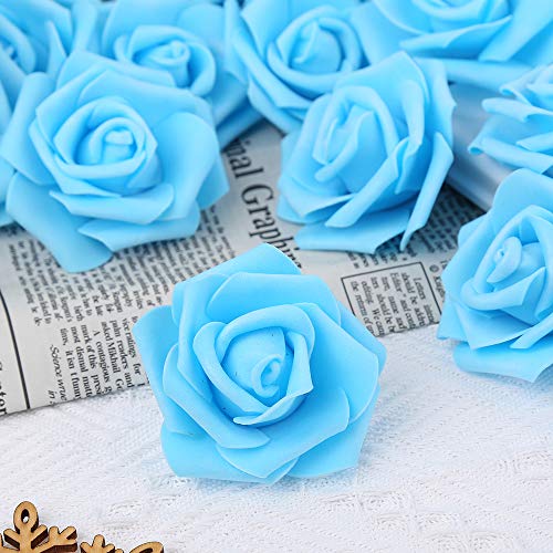 Artificial Rose Flower Heads, 100pcs Blue Roses Artificial Flower Foam Rose for DIY Wedding Bouquets Centerpieces Arrangements Party Baby Shower Home Decor (Stemless,Sky Blue) - color: Light Blue, size: 100PCS