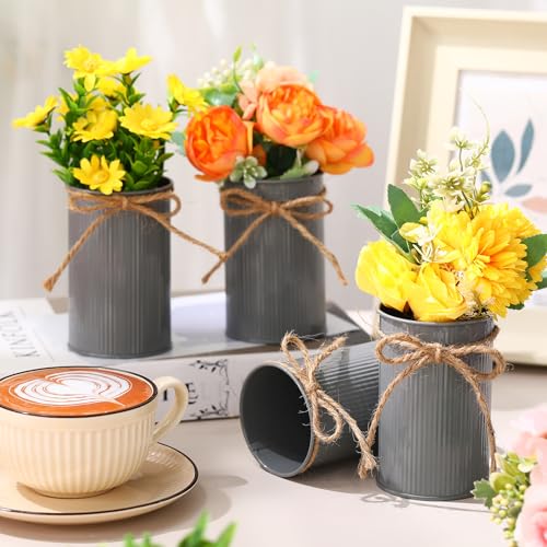 Rustic Vase for Table Centerpieces 4.33 Inch Small Petite Flower Vase with Twine Bow Vintage Farmhouse Decor for Wedding Reception Dining, Home Galvanized Metal Buckets(Gray,12 Pcs) - color: Gray