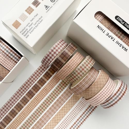 Vintage Washi Tape Set 8 Rolls Thin Retro Decorative Antique Patterns Masking Tapes for Arts, DIY Crafts, Journals, Planners, Scrapbook, Wrapping (Retro Plaid) - color: Retro Plaid