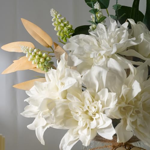 Fake Flowers with Vase Silk Flowers in Vase Dahlia Flowers Arrangement Suitable for Home Office Decoration, Dining Table Centerpiece (Dahlia-White) - color: Dahlia-white