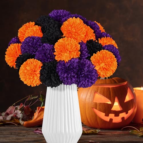 36 Pcs Halloween Artificial Flowers Halloween Chrysanthemums Ball Silk Flowers Black Orange Purple Fake Hydrangea for Halloween Party Home Table Centerpieces Vase Decor - color: Black, Orange, Purple