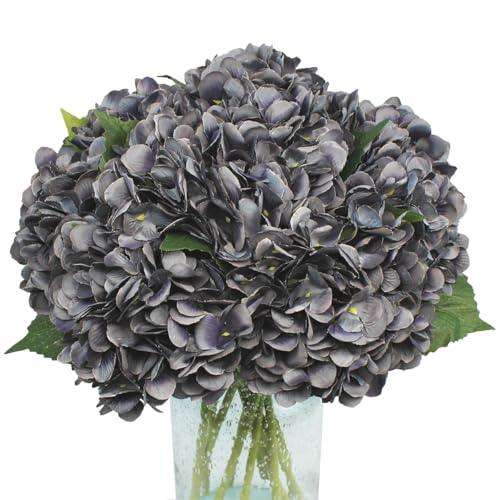 6Pcs Artificial Fake Flowers Plants Silk Hydrangea 1 Flower Head Arrangements Wedding Bouquets Decorations Plastic Floral Table Centerpieces Home Kitchen Garden (Dark Grey) - color: Dark Grey