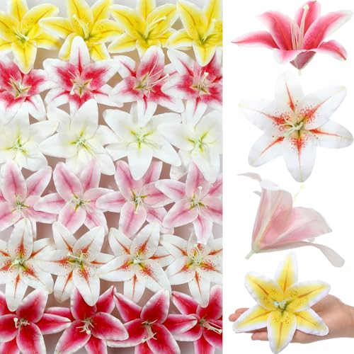 Suncalla 30 Pack Large Artificial Lilies Flower Heads with Realistic Stamens 5.9" Faux Fake Lily Flower Heads Bulk for DIY Crafts Cake Wedding Bridal Wreaths Table Home Party Decor (Multicolor) - color: Multi Color
