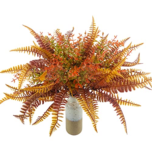 Uieke 6PCS Artificial Fall Flowers Outdoor UV Resistant, 3PCS Fall Fake Plants with 3PCS Autumn Boston Fern Plants Bushes for Outside Garden Front Porch Sidewalk Window Box Fall Décor Orange - color: Orange