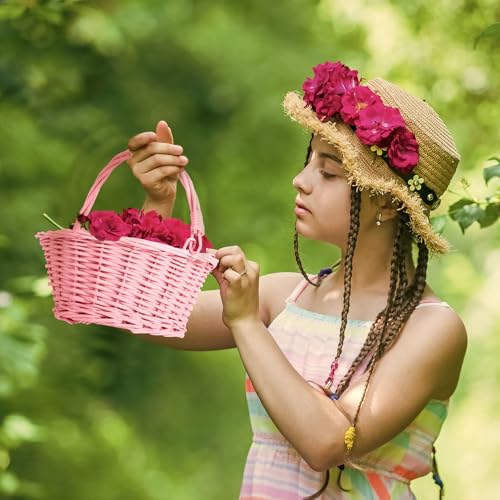 Barydat Small Wicker Basket with Handle Flower Girl Baskets Oval Willow Woven Braided Gift Basket for Weddings Picnic Baby Shower Home Garden Decor(6 Pcs,Pink,9" x 7" x 4") - color: Pink, size: 9" x 7" x 4"