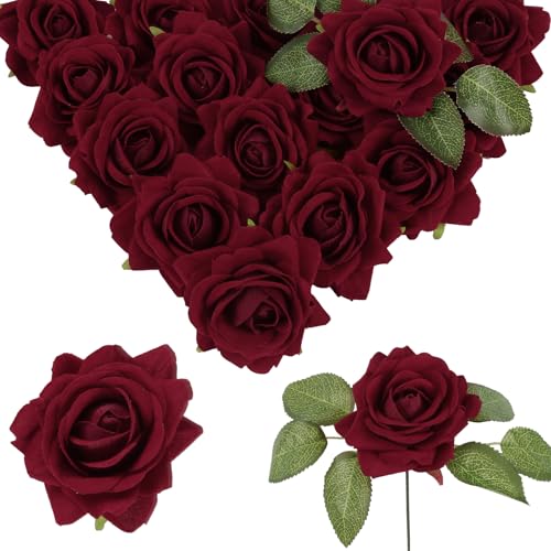Burgundy Roses 16pcs Velvet Artificial Roses Maroon Flowers 3.15" Silk Roses for Bridal Bouquet Wedding Flowers for Floral Centerpieces Home Party Decor (Burgundy) - color: 3.15" Burgundy