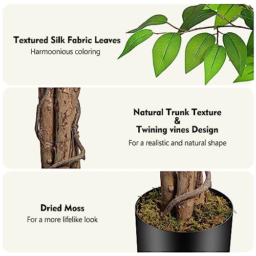 6.2ft Ficus Artificial Trees with 3 Natural Curved Trunks, 74" Tall Lush Faux Tree for Home Decor Indoor, Green Lifelike Fake Ficus Tree Plants (Set of 2) - size: 6.2ft