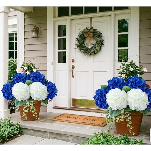 20" Hydrangea Artificial Flowers, Large Silk 2Pcs White/ 4Pcs Dark Blue Home Decor - color: White/Dark Blue