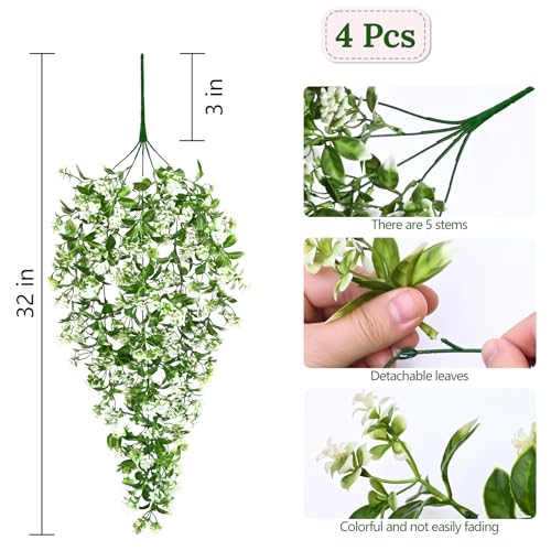 Waipfaru 4pcs Fake Hanging Plants, Artificial Hanging Flowers Faux Ivy Pothos Vines Greenery for Wall Home Bedroom Living Room Aesthetic Kitchen Office Aesthetic Kitchen Indoor Outdoor Decor - color: White Flowers, size: 4Pcs Plants