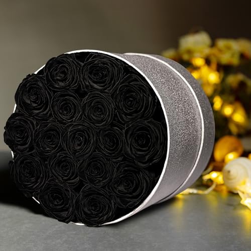 Prifroti 17 Black Flowers in Glitter Box, Birthday Gifts for Women, Preserved Flowers, Mothers Day Roses Gift for Mom - color: Black | Glitter Box, size: 17 Roses