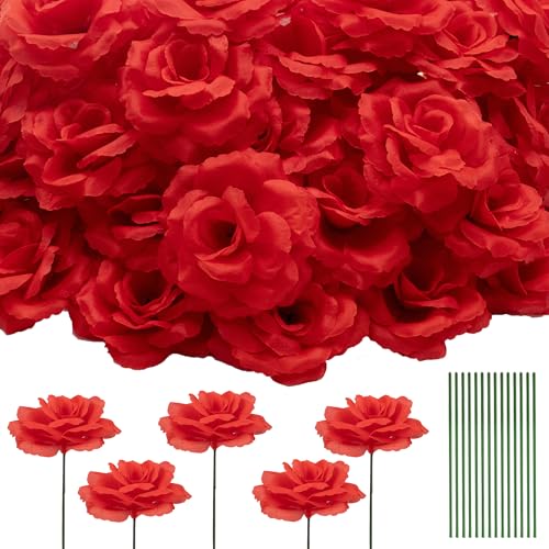 Eternal Blossom 50 Pcs Rose Flower Head, Artificial Flowers Bulk for DIY Crafts, 3in Fake Rose Silk Flower Head wit Stem, Faux Flowers for Decoration, Wedding Home Party Decor Garland Decor (50, Red) - color: Red
