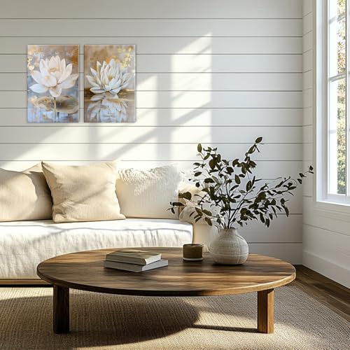 KPLUNDO Zen Wall Art 2 Piece White Lotus Blooming Painting Artwork White Gold Lotus Flower Poster Artwork for Bedroom Living Room Bathroom Yoga Spa Room Decor(Artwork-3,24"x36"x2pcs) - color: Artwork-3, size: 24"x36"x2pcs