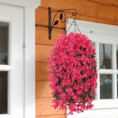 2PCS Faux Bougainvillea UV Resistant Artificial Flowers Plants for Outdoors Faux Hanging Bougainvillea Flowers Outside Decoration Fake Silk Long Trailing Vines for Front Door Porch Patio (Rose red) - color: Rose Red