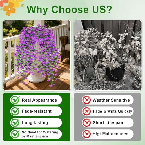 Artificial Hanging Flowers for Outdoors Decorations 2 Pack, Fake Hanging Flowers, UV Resistant Artificial Hanging Plants Outdoors for Home Porch Patio Balcony Baskets Yard(Purple) - color: Purple
