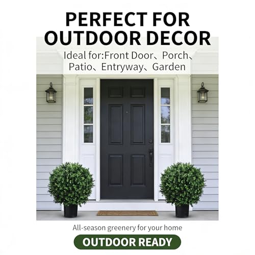 Artificial Boxwood Topiary Trees, 24 Inch Faux Plants for Front Door Porch Decor, 2 Pack UV Resistant Fake Greenery in Pots for Patio Entryway Indoor Outdoor - size: 24" Boxwood