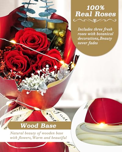 HVY Preserved Flowers Bouquet for Her,Forever Flowers Fresh Bouquet Mothers Day Birthday Gifts for Mom Preserved Rose Gifts for Women Wife Girlfriend Red Eternal Rose Present - color: Red Rose