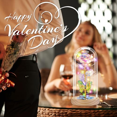 Otlonpe Preserved Artificial Rose Flower Lamp, Forever Women Gifts for Birthday Christmas Valentines Mothers Day, 7.7'' Glass Rose Wood Base Butterfly, Gifts for Mom Grandma Daughter Wife Girlfriend - color: Wood Colorful