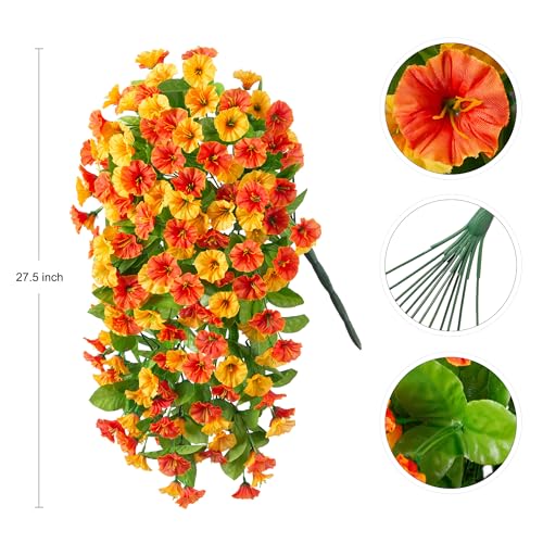 INXUGAO Artificial Fake Hanging Flowers Plants for Outdoor Decoration, 2PCS Faux Silk Morning Glory Long Vines Stems UV Resistant Look Real for Spring Summer Outside Home Porch Patio, Orange Yellow - color: Orange