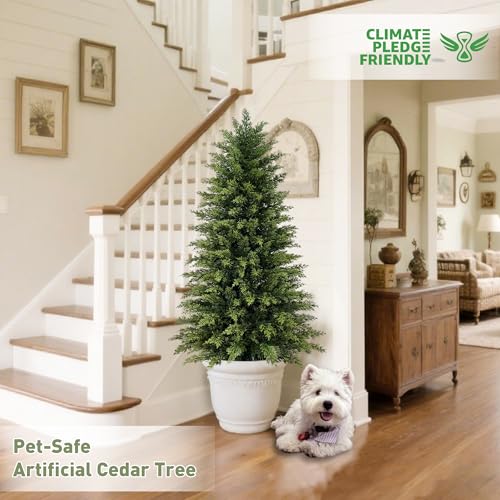 Mavis's Diary 4ft Artificial Cedar Topiary Tree, Set of 2 Realistic Faux Evergreen Shrub Plant in Planter, Indoor Outdoor Fake Cedar Tree for Front Porch, Entryway, Office & Home Decor - color: 2pack, size: 4FT