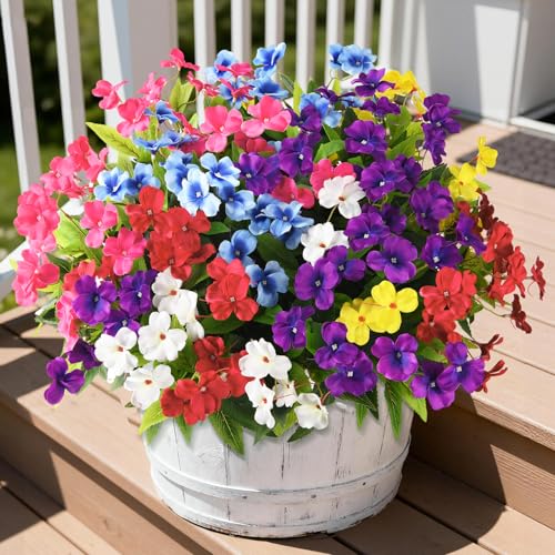 Artificial Impatiens Flowers for Outdoors, 6 Bundles Multicolor Silk Fake Flowers for Spring Summer Decoration, UV Resistant Faux Plants Plastic Bouquet for Home Planter Porch Patio Yard Decor - color: Purple,blue,red,hot Pink,white,yellow