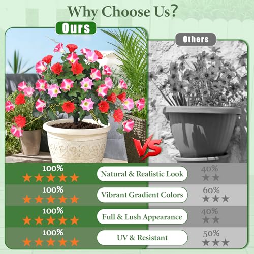 Elyum 2 Pack Artificial Flowers Topiary Ball Trees for Outdoors, 19.7" Lifelike Morning Glory Fake Bushes Plants, UV Resistant Fake Plants Faux Shrubs with Ground Spike for Porch Garden Decor (Red) - color: Mixed Red