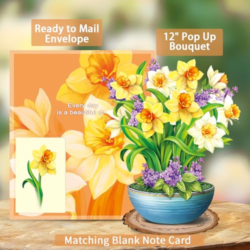 Airpark Pop Up Flower Bouquet Card for Women, 3D Floral Greeting Card with Envelope and Note, Birthday Thank You Thinking of You Get Well Gift for Mom Friend Wife Teacher, Daffodil - style: Daffodils & Lilacs
