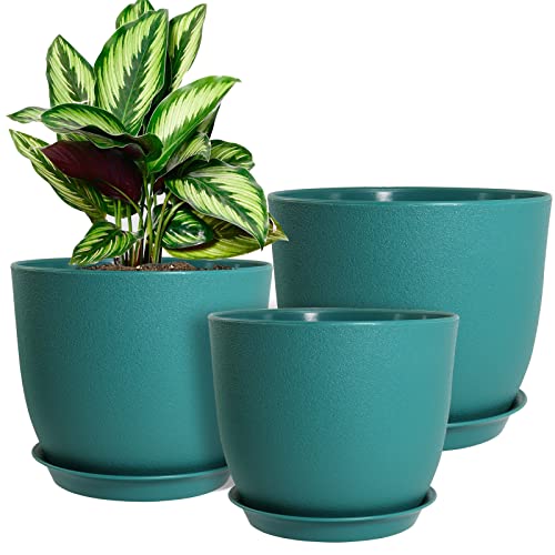 WOUSIWER Plant Pots 10/9/8 inch, Set of 3 Modern Decorative Plastic Planters with Drainage Holes and Saucers for House Plants Indoor Flowers Plants, Blue - color: Blue