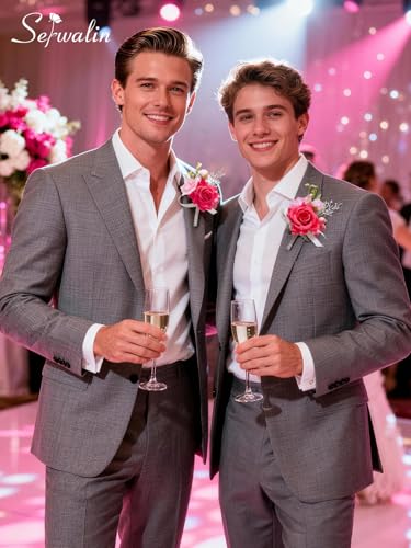 Serwalin 6 Pcs Hot Pink Boutonniere for Men, Groom Groomsmen Best Man Guest Boutonnieres，Artificial Flowers Silk Rose for Wedding Prom Ceremony Anniversary Party Homecoming - color: Hot Pink, size: Boutonniere 6pcs