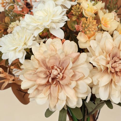 Artificial Fall Flowers Bouquet in Ceramic Vase, Faux Brown Flower Centerpieces for Coffee Table Decorations, Fake Silk Floral Arrangements for Thanksgiving Living Dining Room Bedroom Decor - color: Brown + Big