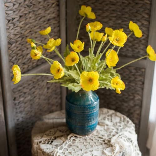 Lifelike Artificial Poppy Flowers, 8 Stems Silk Bouquet with Flocked Stems & Leaves – for Wedding Centerpieces, Home Decor, Table Arrangements - color: 8pcs Yellow