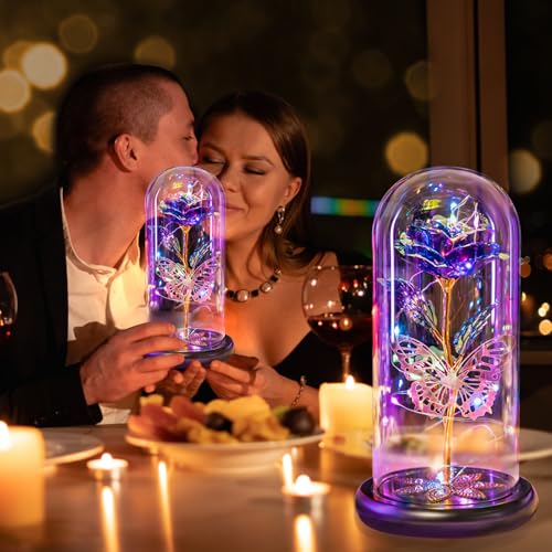 Pusuny Mothers Day Flowers Gifts for Mom Women Birthday Gift Galaxy Glass Rose Forever Eternal Crystal Flowers Rose in Glass Dome with Butterfly Mother's Day Roses Gifts for Mom Daughter Wife Purple - color: A Purple