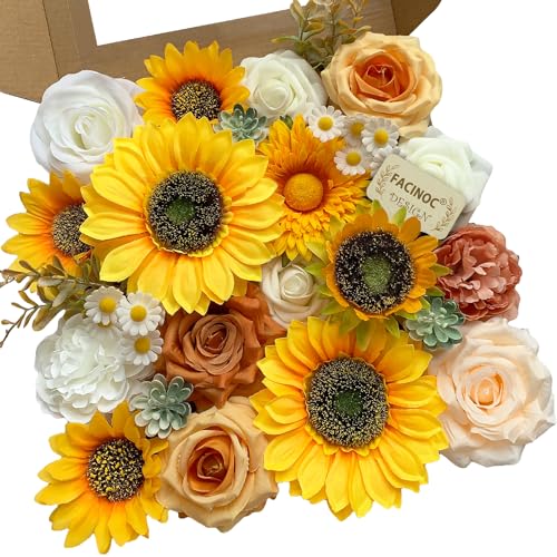 FACINOC Sunflower Artificial Flowers Yellow Fake Flower Bouquet Box Set for DIY Bridal Wedding Shower Decorations Party Table Centerpieces Cake Decorating Silk Floral Arrangement for Home Decor Indoor - color: Yellow Artificial Sunflowers