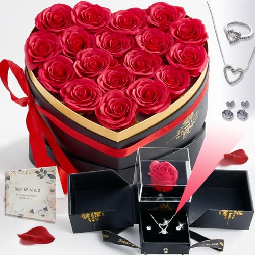 Artificial Forever Preserved Flowers Box & Preserved Roses with Necklace Ring Earrings,Gifts for Mom Grandma Women Girlfriend Wife on Birthday Mothers Day Valentines Christmas Anniversary Wedding