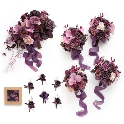 Ling's moment Wedding Artificial Flowers Package, Bridal Bouquet, Bridesmaid Bouquets, Boutonniere for Men, Rose Petals.Plum Lily Grape - color: Prpl-plum Lily & Grape
