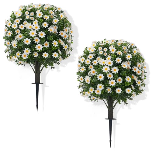 Set of 2 Artificial Cypress Topiary Ball Trees with White Mum Flowers, 24" H UV Resistant Faux Outdoor Plants with 7" H Ground Spike, Fake Round Shrubs for Porch, Patio, Garden Decor - color: Boxwood-daisy