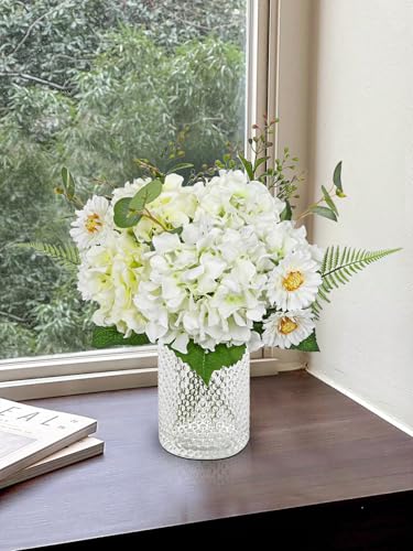 GnFlus Artificial Hydrangea Flower Stems 12PCS White Faux Hydrangea & Daisy Silk Flowers Realistic Fake Flowers for Vase Centerpiece Wedding Bridal Bouquet Party Home Decor - color: Hydrangea, White, size: 1 Pack
