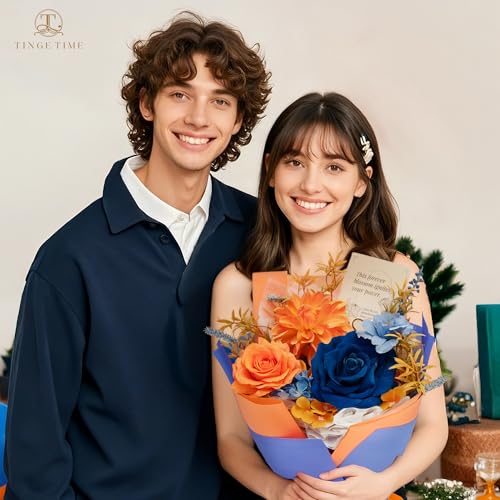 TINGE TIME Preserved Flowers Bouquet, Orange & Navy Blue Roses Gift Bouquet, Eternal Roses Bouquet for Wedding, Table Centerpieces, Mothers Day, Birthday Gifts, Anniversary, Graduation - color: Brunt Orange&Royal Blue