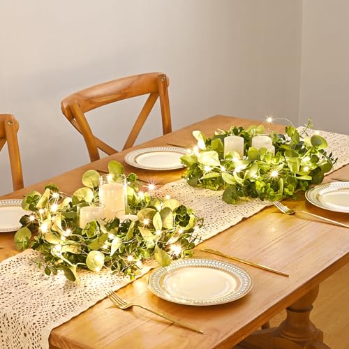Dolicer 6 Packs 6FT Artificial Eucalyptus Garland with LED Light String, Faux Greenery Garland Hanging Fake Silver Dollar Eucalyptus Leaves Vines for Wedding Backdrop Arch Table Wall Party Home Decor - color: Grey Green With Light, size: 6 Packs