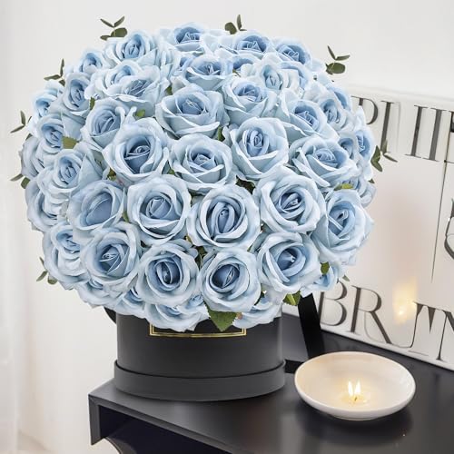 50PCS Artificial Roses with Long Stems - Realistic Silk Flowers, Fake Roses Real Touch Bouquet of Roses for Home Decor, Bridal Wedding Party Table Centerpieces, Bulk Faux Rose Flowers ( Sky Blue ) - color: Sky Blue, size: 50 PCS
