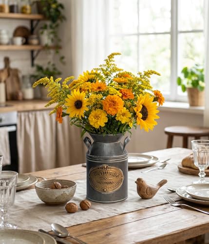 Yoillione Vintage Galvanized Metal Milk Can, Country Flower Jug Vase Farmhouse French Bucket, Home and Kitchen Decor Gift for Women Friends - color: Galvanized Milk Can, size: Small