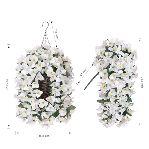 Ivydale Bougainvillea Artificial Hanging Fake Flowers with Basket for Outdoors Decoration, Faux Silk Flowers UV Resistant Fake Plants Long Vines Realistic for Outside Front Door Porch Patio, White - color: White