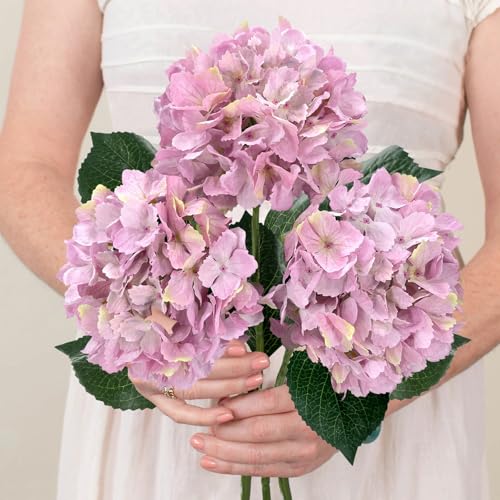 3PCS Pink Silk Hydrangea Artificial Flowers，Fake Flowers & Faux Floral Bulk Bouquet for Home Decor Bathroom Table Centerpiece Shelf Decorations (Pink) - color: Pink