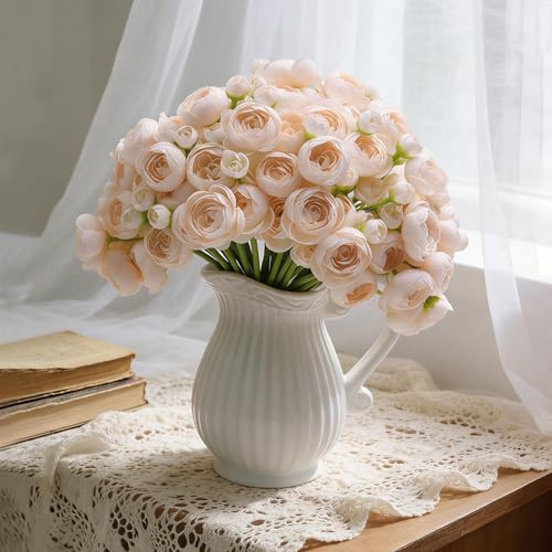 32Pcs Ranunculus Artificial Flower, Faux Light Champagne Ranunculus Flowers for DIY Bouquet, Bulk Fake Peony Wedding Filler Flowers for Centerpieces Arrangements Bridal Shower Decorations - color: Light Champagne