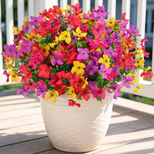 INXUGAO Artificial Faux Plants Flowers Outdoor Spring Summer Decoration, 12 Bundles Fake Silk Colorful Daisy Eucalyptus Realistic UV Resistant for Outside Home Planter Porch Yard Decor (Mix) - color: Purple & Red & Yellow & Lotus Red B