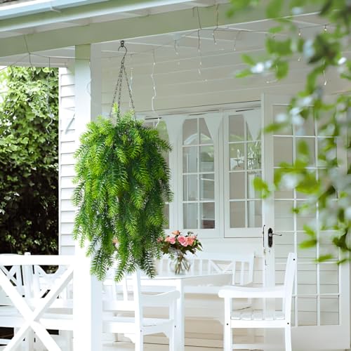 ZFProcess Artificial Faux Hanging Plants Basket for Spring Summer Outdoor Decoration, Fake Pine Needles UV Resistant Look Real for Outside Porch Home Patio Balcony Yard(Pine Needles) - color: A Green