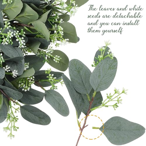 Janinka 20 Pcs Artificial Greenery Eucalyptus Stem Artificial Mixed Eucalyptus Stems Leaves Bulk with White Seeds Silver Dollar Faux Greenry Stems Sprays for Wedding Bouquet Decor Flower Arrangement